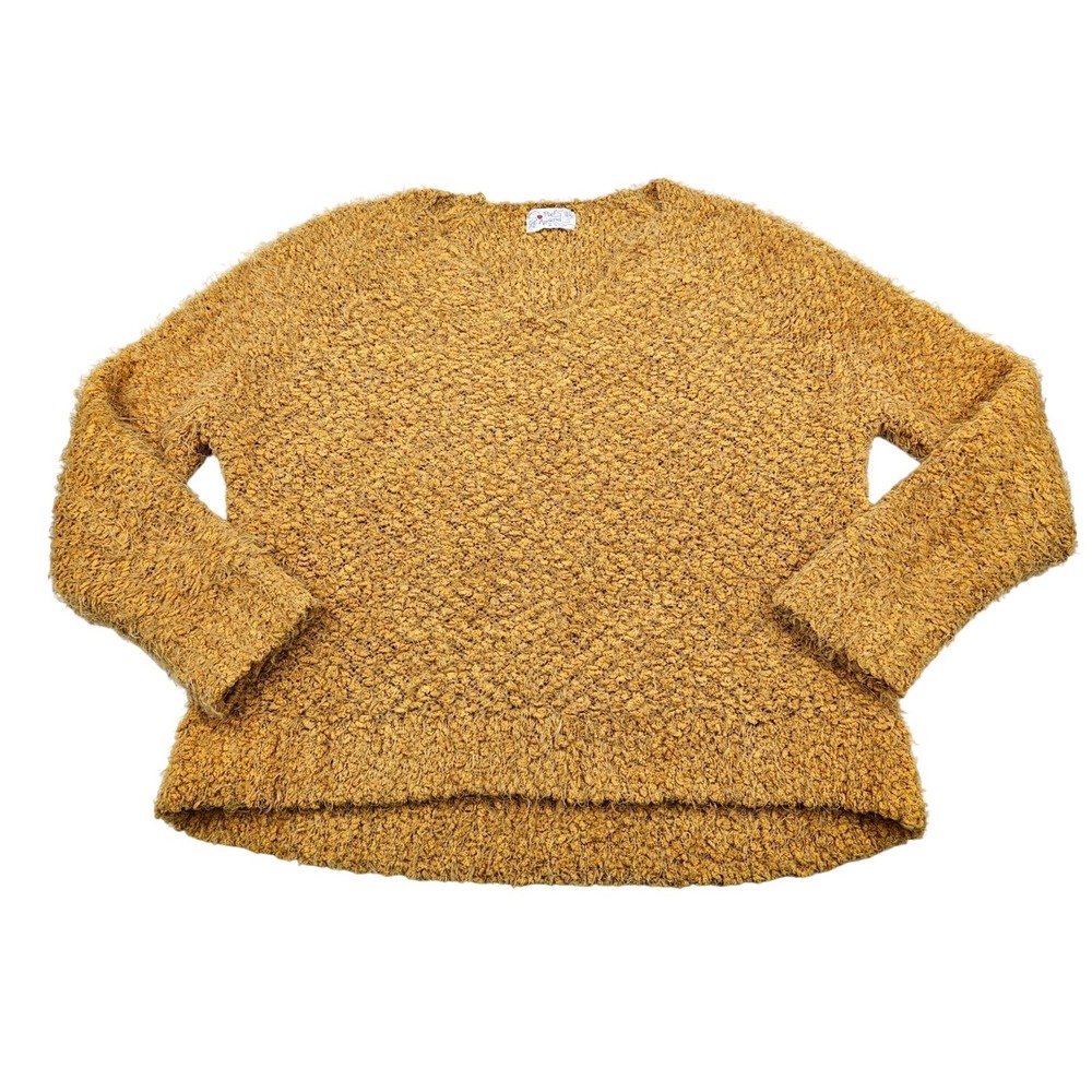Poof Apparel Mustard Yellow Popcorn Eyelash Knit V-Neck Sweater Small 254349J